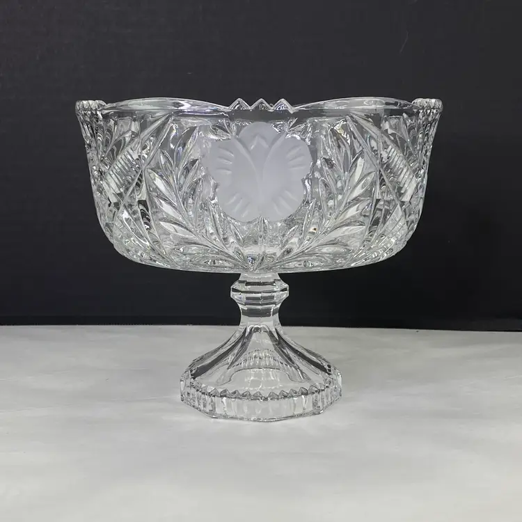 Vintage Cut Crystal Trifle Bowl Pedestal Base With Etched Floral Design