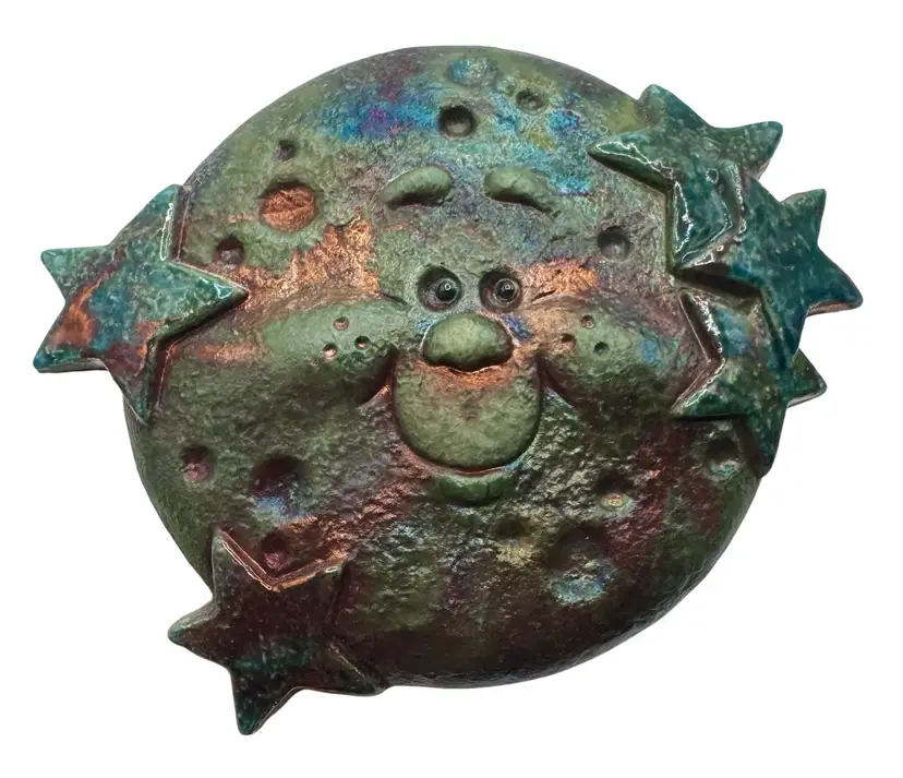 Vintage Studio Art Pottery Raku Moon Face Wall Plaque Hanging Stars Green 7”