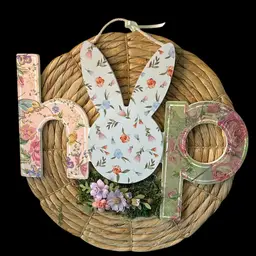 Up-Cycled Adorbs Easter Bunny Sign Spells HOP On Wicker Wall Art