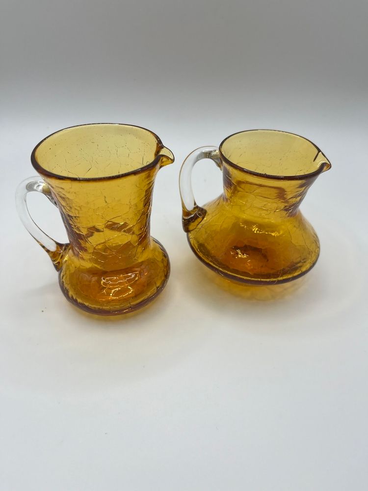 Vintage Amber Crackle Glass Pitchers Hand Blown Applied Handle Set Of 2