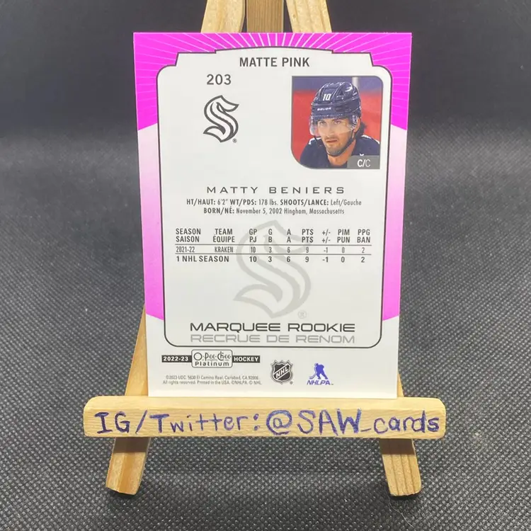 Matty Beniers 2022-23 O-Pee-Chee Platinum Matte Pink Seattle Kraken