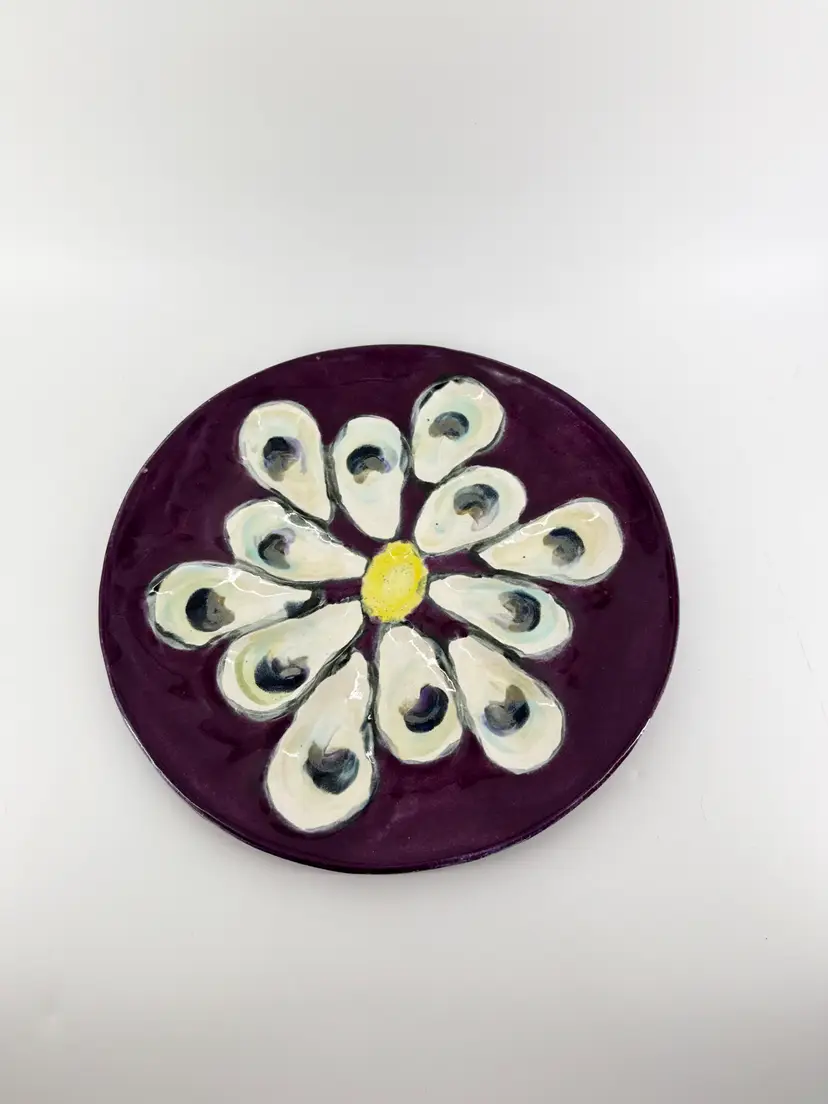 Signed Studio Art Potter Large 13" Oyster Plate Eggplant Dish Hand Painted