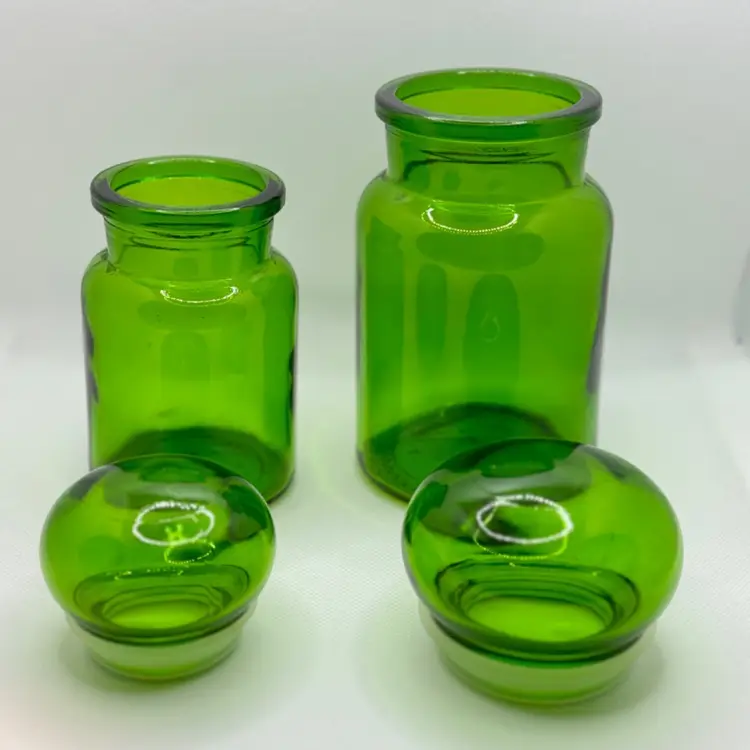 Vintage 1970’s MCM Apothecary Bubble Top Emerald Green Glass Jar Canister, Set of 2, Made in Belgium