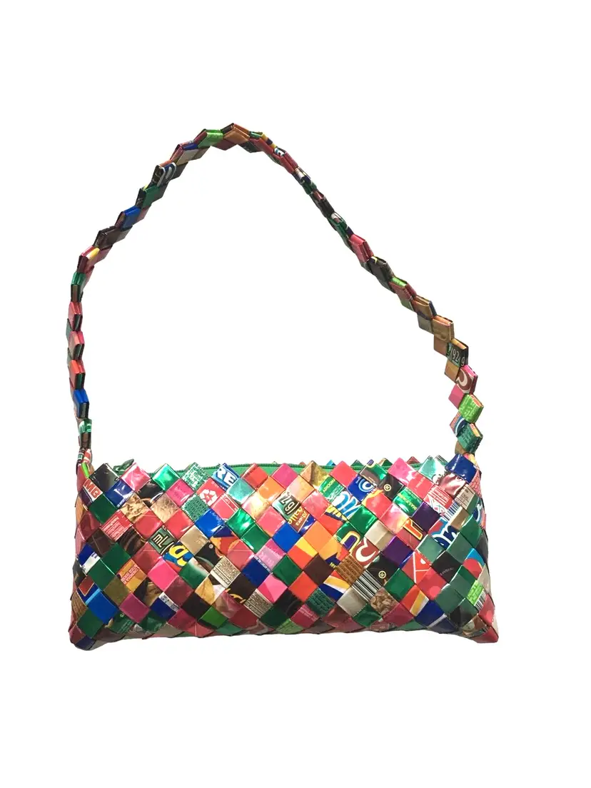 Upcycled Woven Magazine Candy Wrapper Purse Bag Colorful