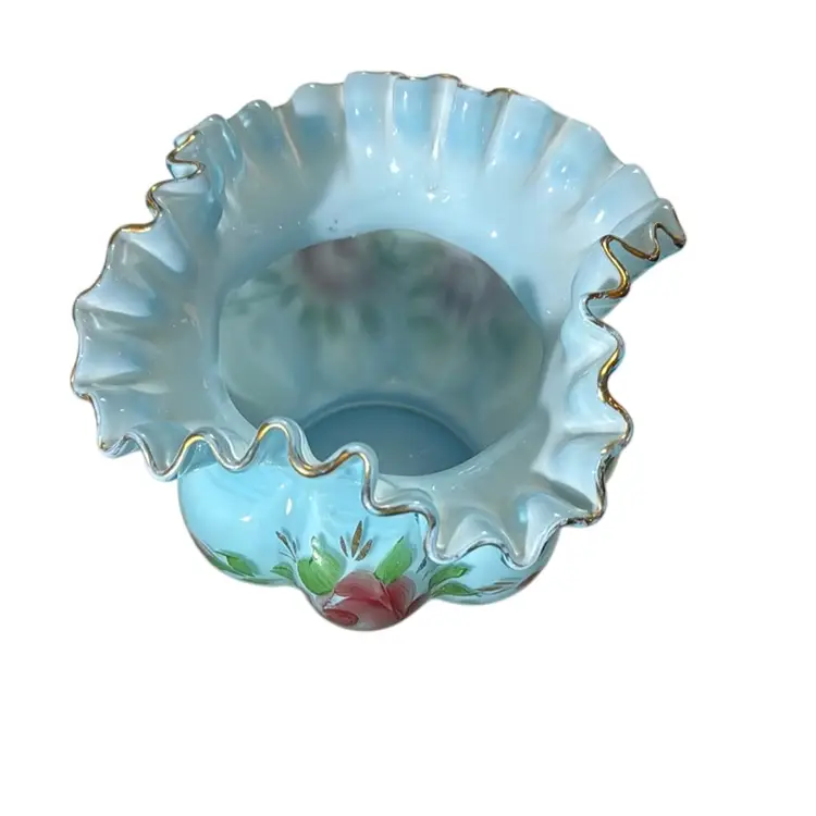 1960s Fenton Powder Blue Clear Overlay Handpainted Cabbage Roses Melon-Panel Ruffled Rim Vase - 5” Tall . 6.5” Diameter