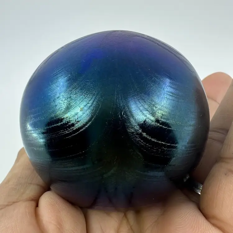 W E Porter Studio Art Glass Peacock Feather Design 1987 Purple Blue Paperweight Signed