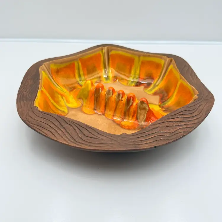 Mid Century California Pottery Orange And Yellow Drip Glass Ashtray
