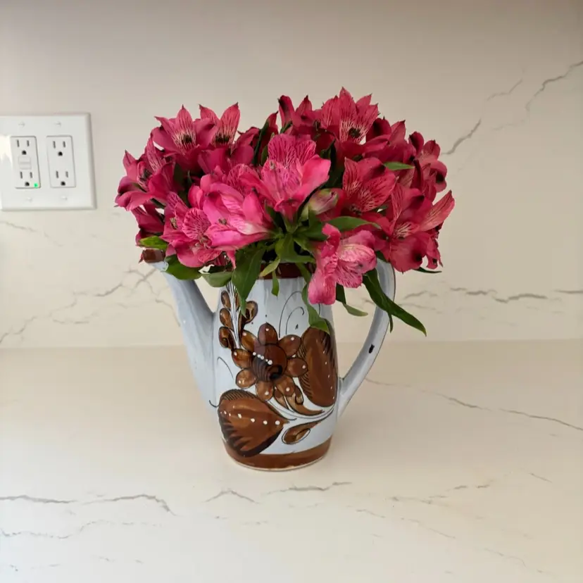 Brown And White Ceramic Tonala Coffee Pot Or Vase. Signed Mexico. No Lid.