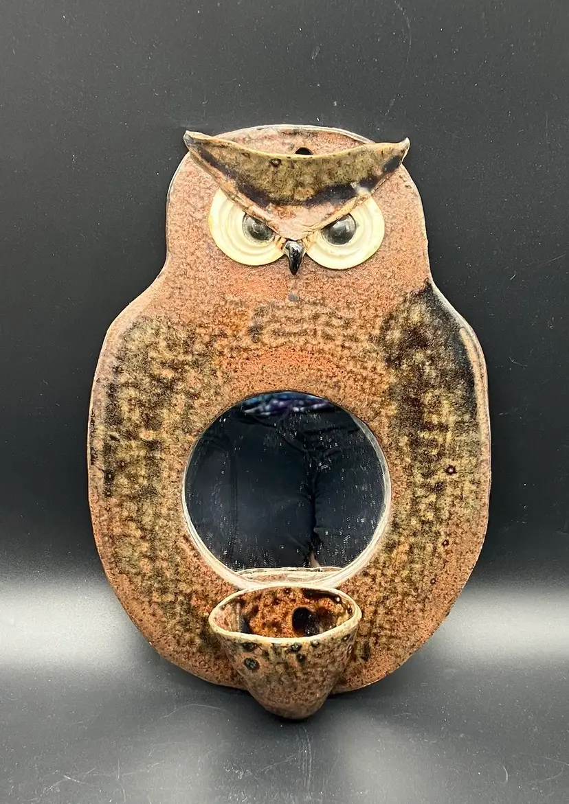 BIN - Handmade Studio Pottery Hanging Owl Mirror With Cup Or Planter 12”