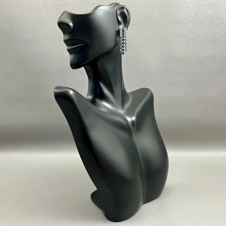 Vintage Dangle Rhinestone Earrings Pierced Clear Blue Silver Tone Pronged 1 1/8in