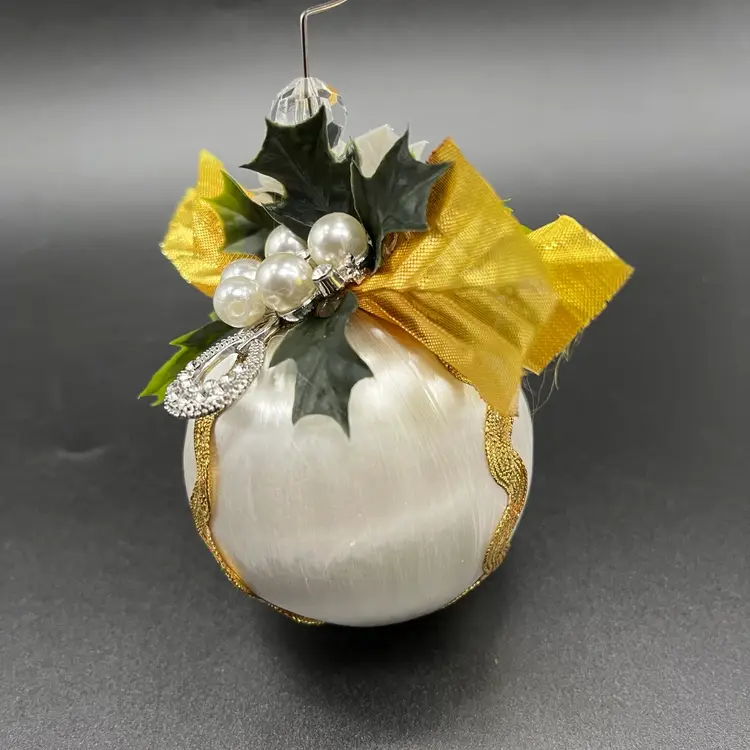 VTG Satin White Ornament - Upcycled  Gold Leaves & Jewelry - Handmade By Me