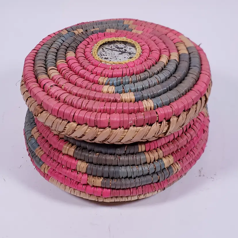 Vintage Boho Gypsy Pink Green Hand Woven Coiled Sweetgrass Straw STORAGE BASKET