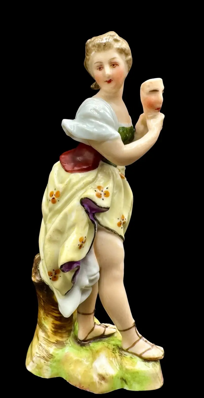 Antique 19thC Volkstedt Porcelain Figurine Woman Greek Comedy Mask Germany 4.75”