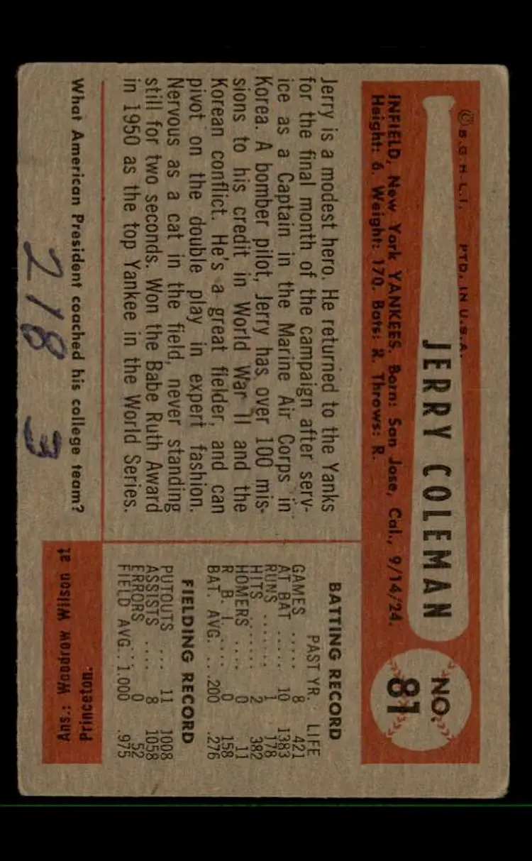 1954 Bowman #81a Jerry Coleman - (pk-tl3) - New York Yankees