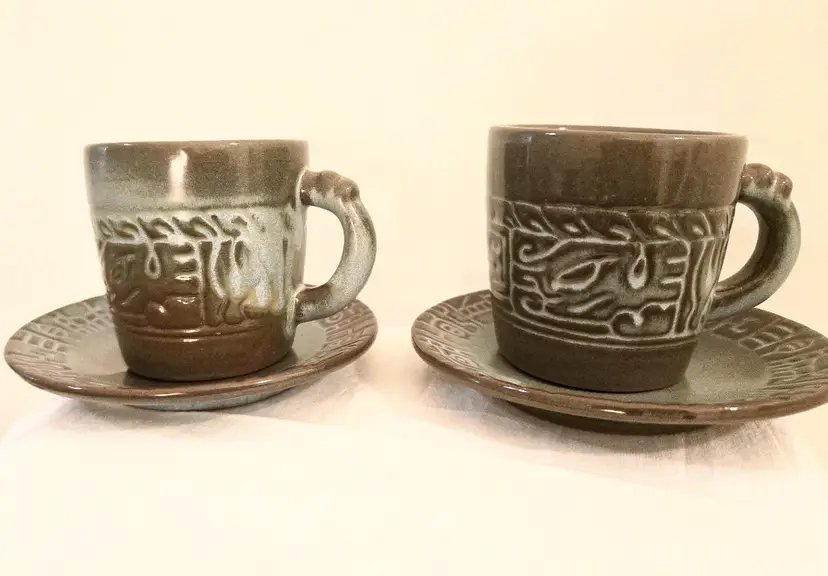 Frankoma Pottery Vintage Stoneware Aztec/Mayan design Mugs with saucers set of 2