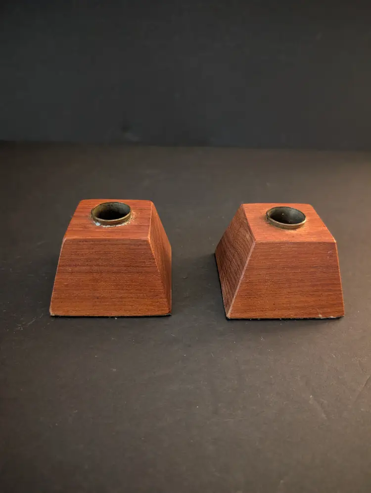 Mid Century Wood and Brass Candle Holders Set of 2 Handmade