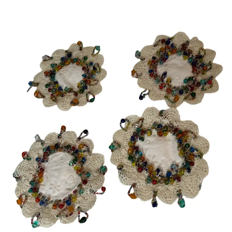 Set Of 4 Cream Colored 5 1/2” Diameter Beaded Doilies