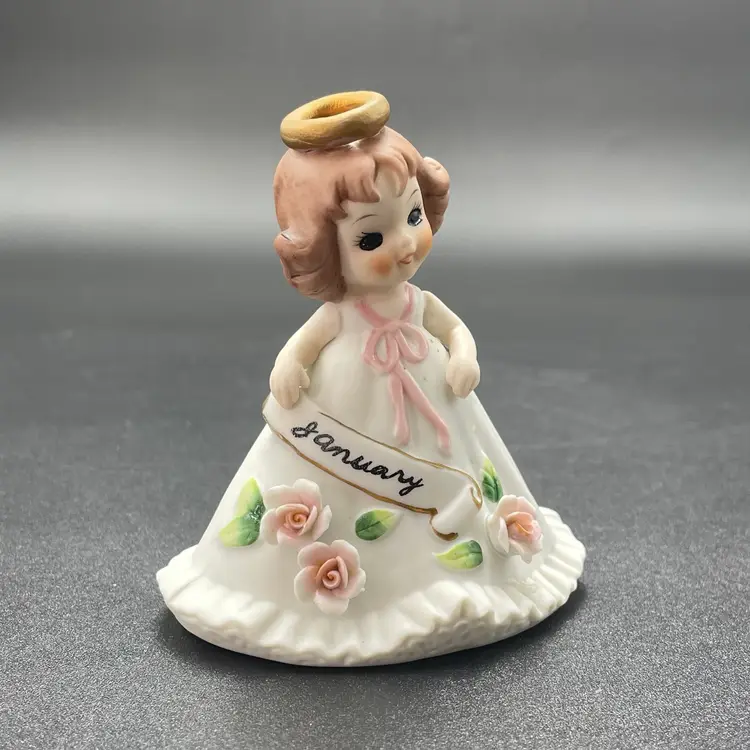 Josef Originals Girl of the Month January Pink Flowers Halo Winter Figurine VTG