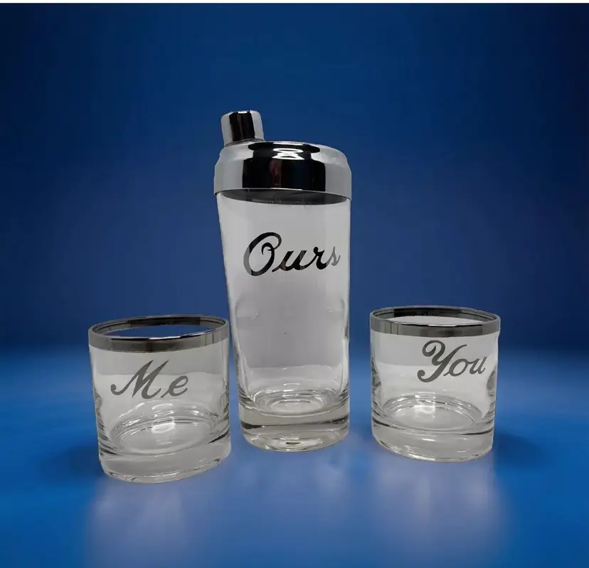 Vtg Queen's Lusterware You Me Ours Glass Cocktail Set MCM BarWare Silver Band