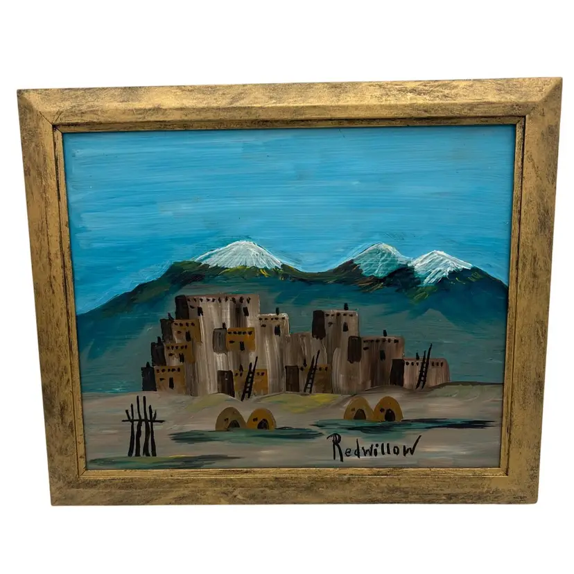 Framed Southwestern Village w/ Mountains Painting Signed Redwillow 10" x 8"