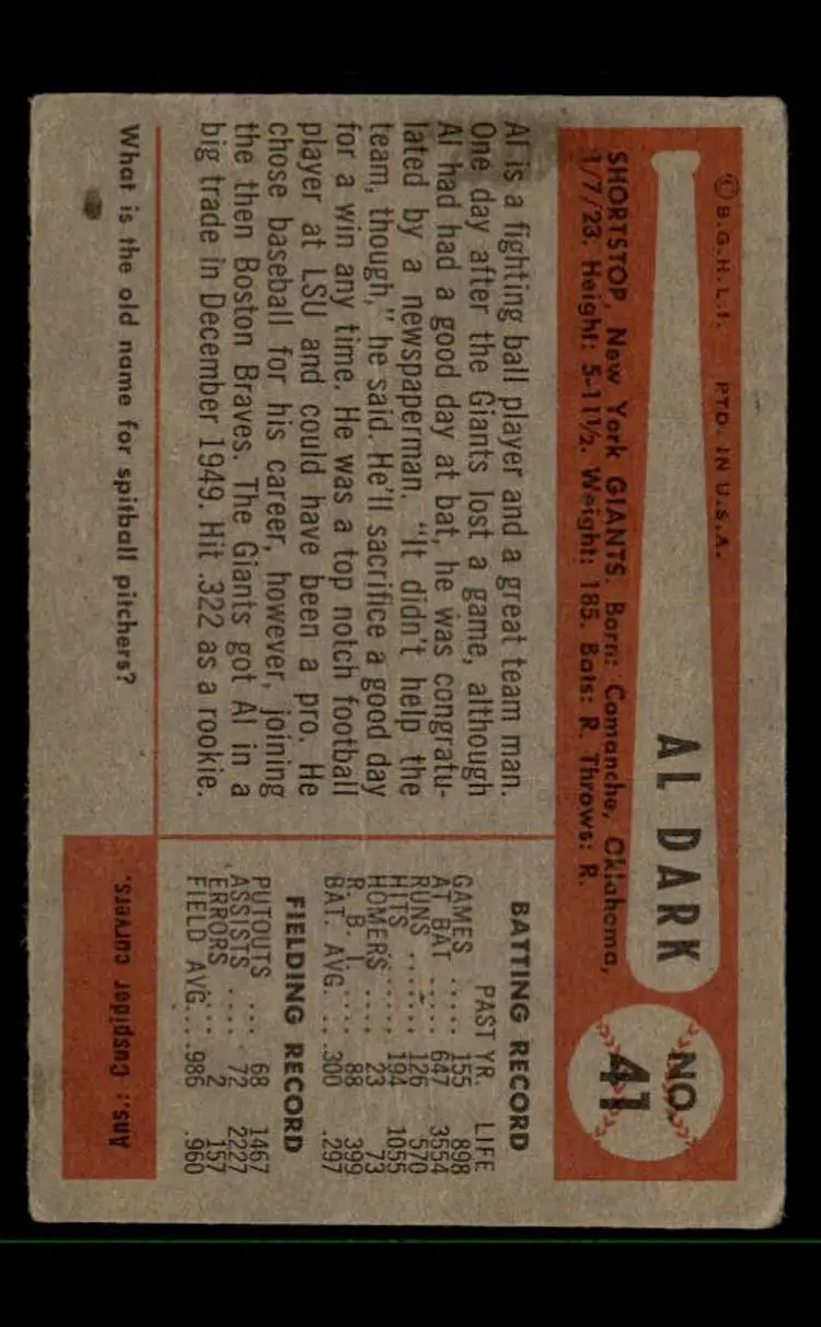 1954 Bowman #41a Alvin Dark - (pk-tl3) - New York Giants