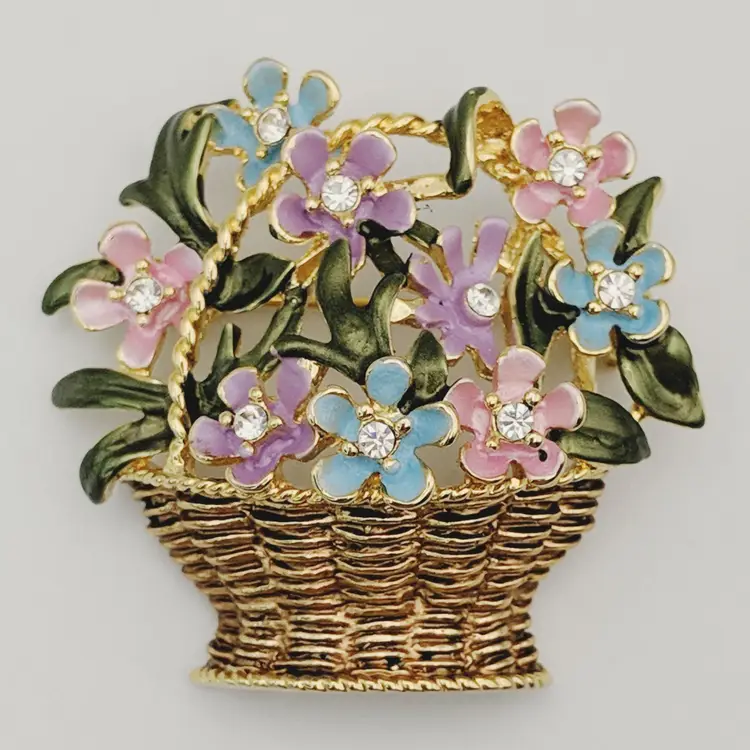 Pastel Enameled Flowers in Woven Wicker Basket Gold Tone Brooch Vtg