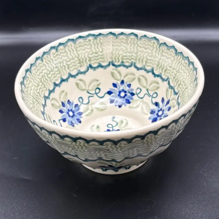 Polish Pottery Small Bowl.  5” Blue Floral With Green
