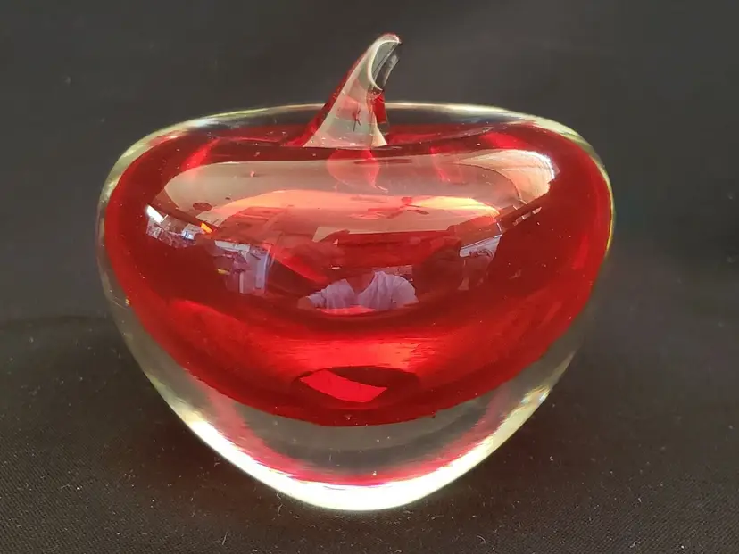 Art Glass APPLE Hand Blown Clear Over Red Cased Glass Paperweight 3⅜" Tall
