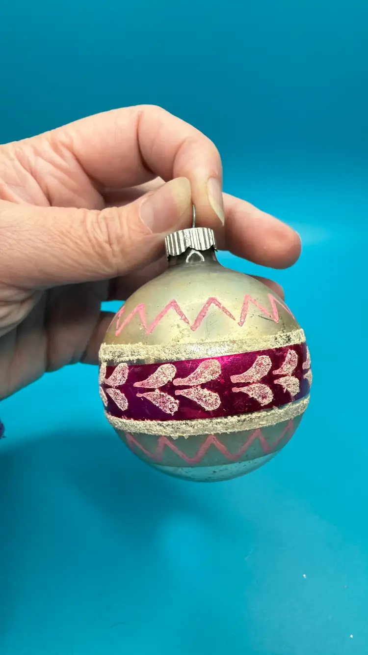 VTG Mica Painted Mercury Glass Pink White Silver Christmas Ornament Shiny Brite