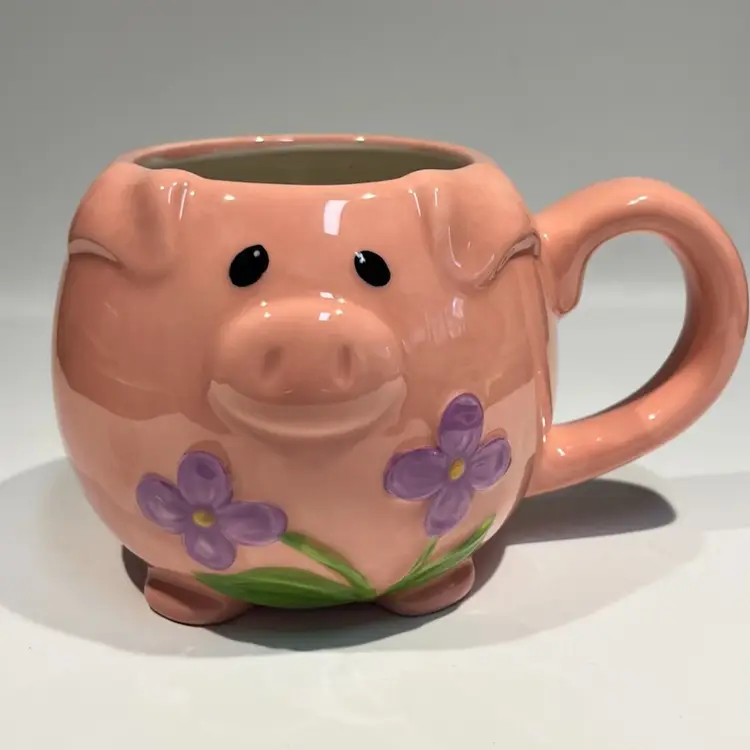 Pier 1 Imports -Pink Pig -Dolomite Coffee Mug Embossed Purple Flowers -3D - Ceramic Mug- And His Feet! 💕 3.25” Tall, 5” Wide