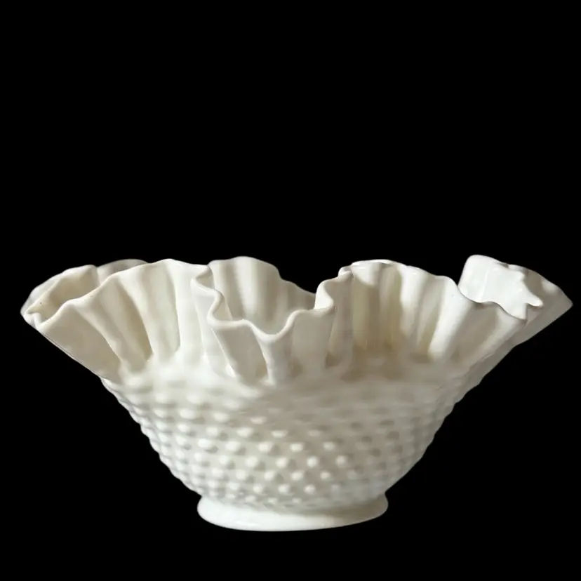 Fenton Milk Glass Bowl Hobnail Ruffle Edge
9-1/2” W x 4-1/4” T