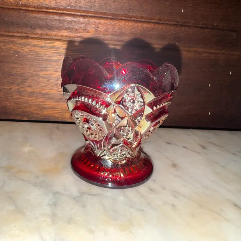 Vintage "Imperial" Red Carnival Glass Toothpick Holder Iridescent