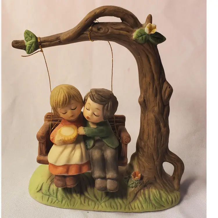 Vintage ENESCO Cuddling Couple On Swing E-3011 Bisque Porcelain