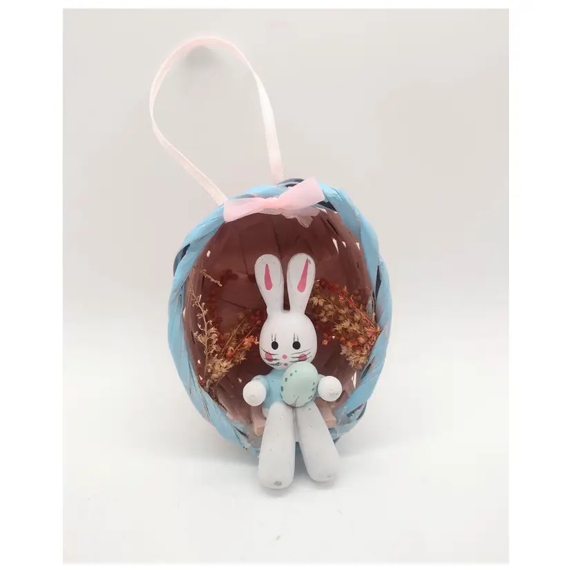 Vintage 90s Enesco Rabbit Easter Egg Diorama Hanging Ornament Decor Wicker Wood