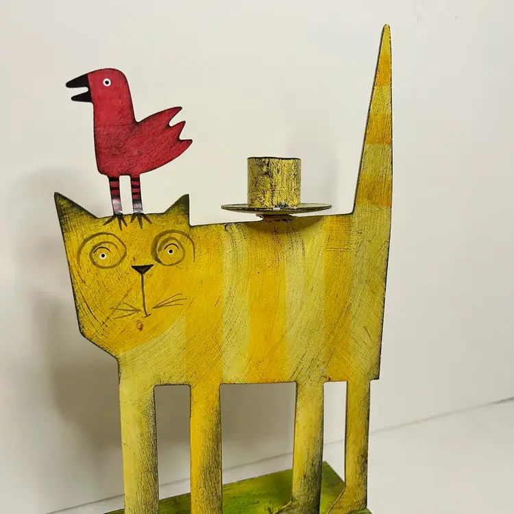 Vintage Acme Animals Metal Folk Art Cat And Bird Candle Holder