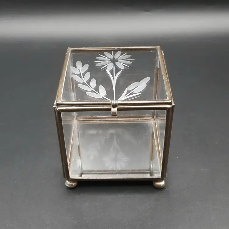 Vintage Floral Etched Glass Mirrored Brass Edged Trinket Jewelry Box