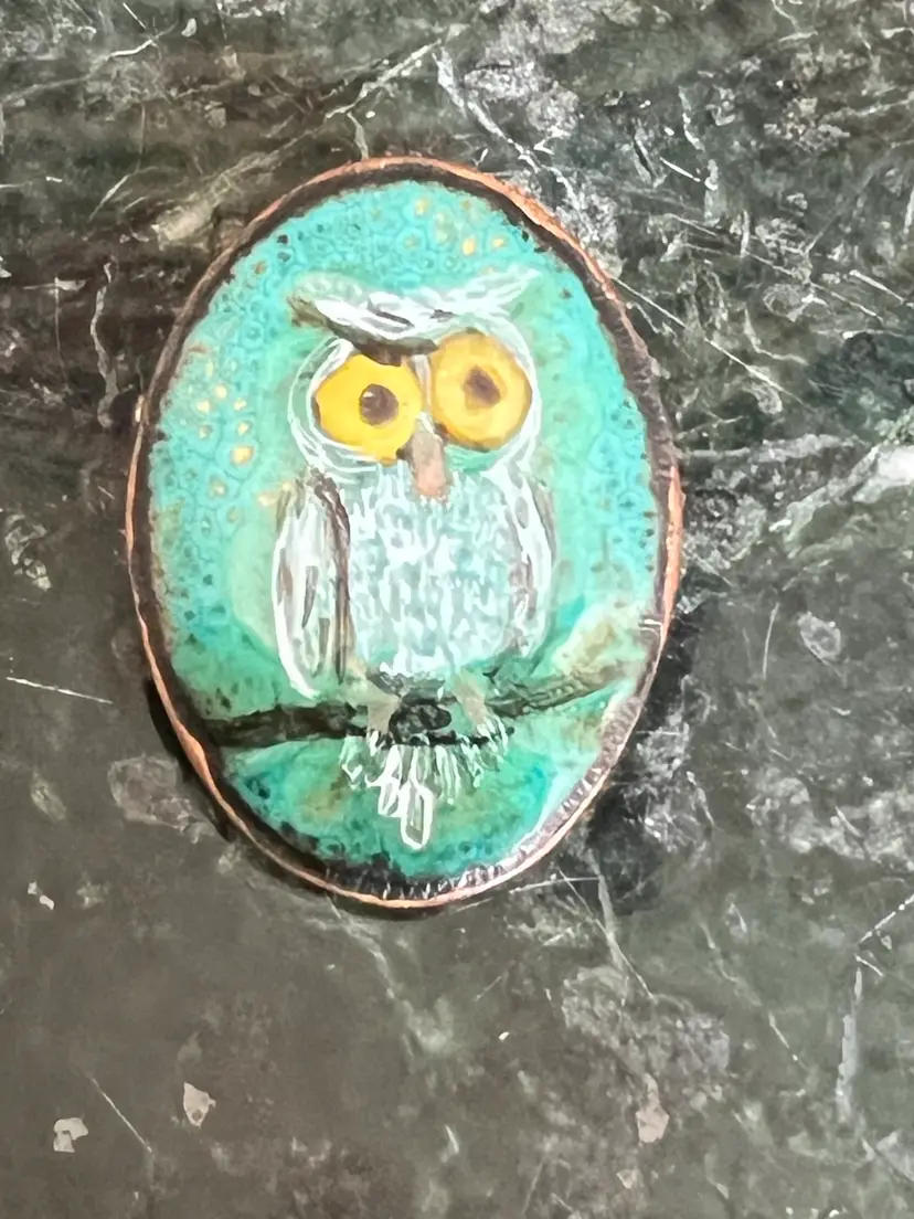 Vintage 1” Hand Painted Owl- Enamel On Copper Tiny Brooch, Teal Color Background With Big Yellow Eyes!  Too Adorable