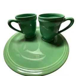 FLAMINGO CHINA MADE IN PORTUGAL EXCLUSIVELY  FOR NANCY  CALHOUN- APPLE GREEN - ONE DINNER PLATE AND TWO FOOTED COFFEE MUGS IN GOOD USED CONDITION (please SEE Photos)