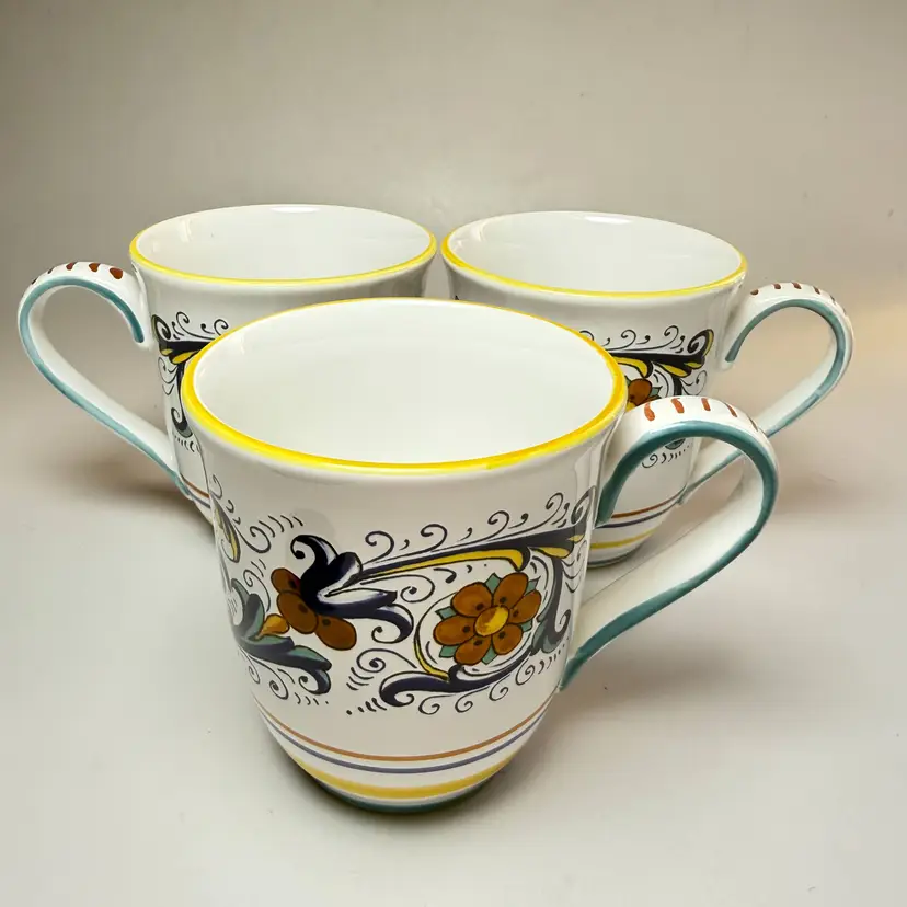 Set of 3 Sur La Table Nova Deruta Ricco Italy Hand Painted Stoneware Coffee Mugs