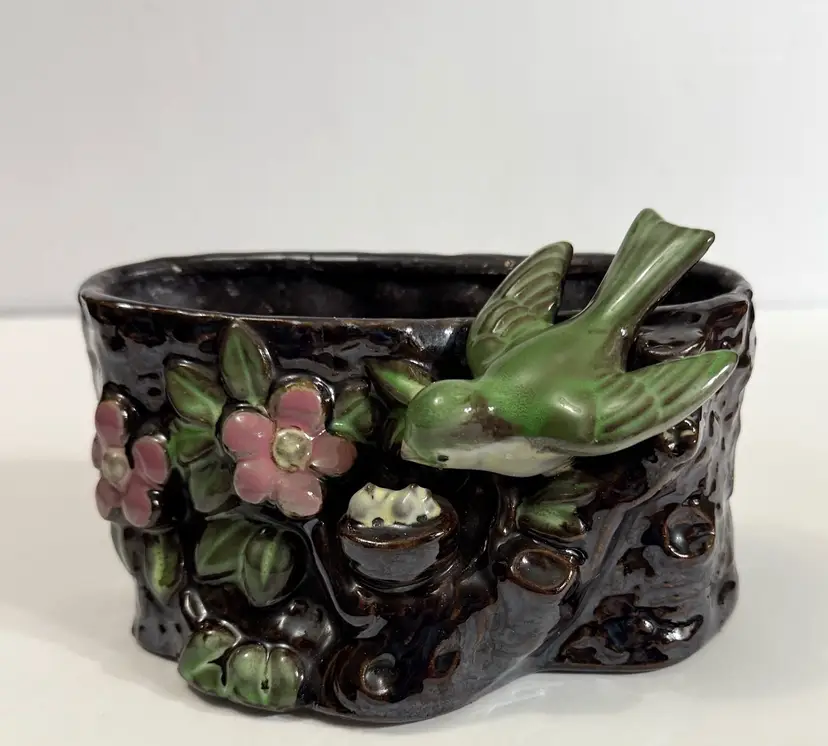 Vintage 1950s Ceramic Planter Bird Baby BIrds Nest Flowers