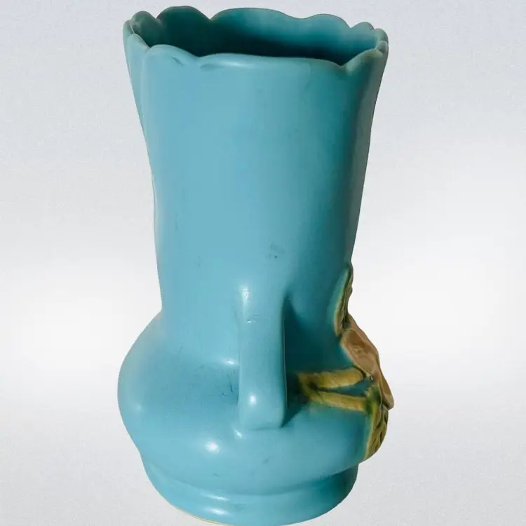 Weller Pottery Vase Matte Blue Pale Pink Wild Rose Floral Design