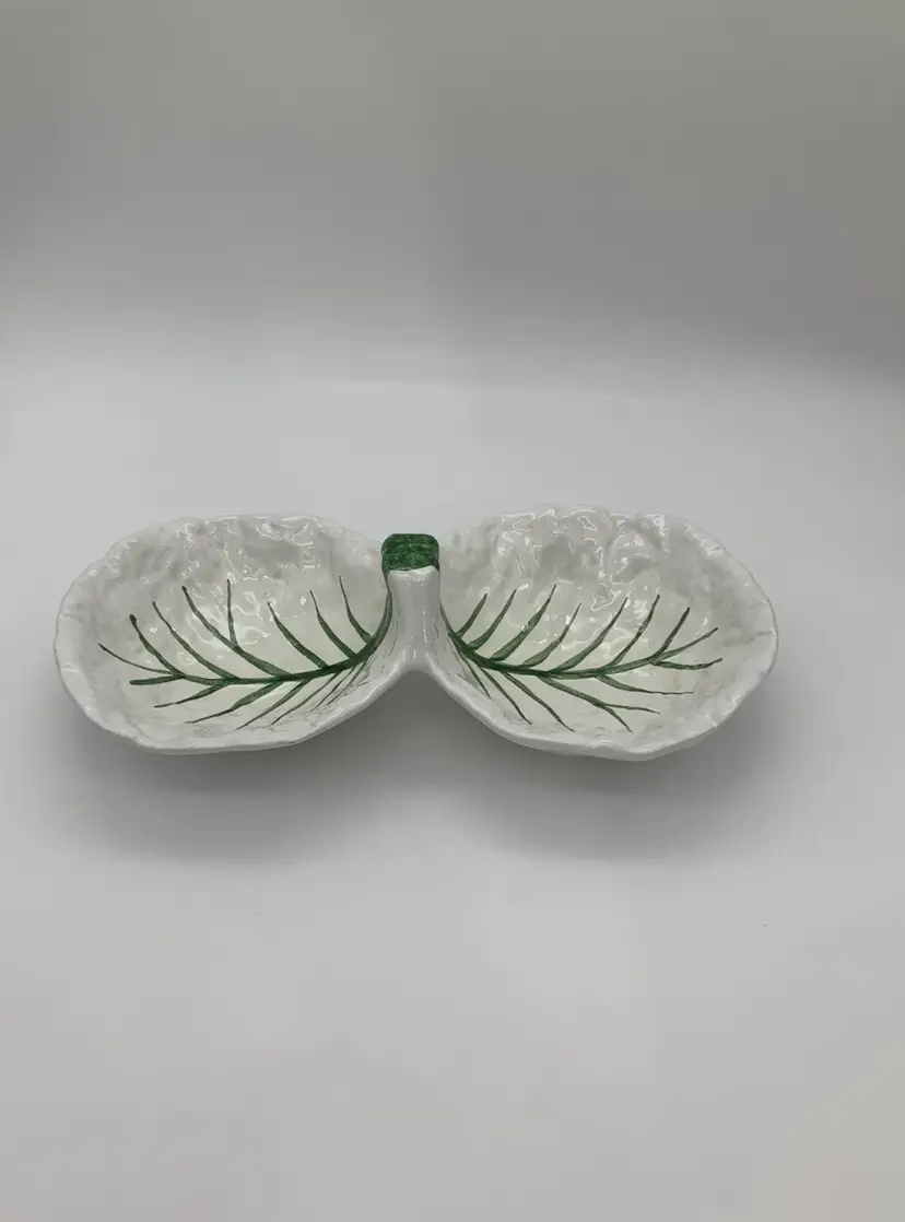 Veg.Majolica Portuguese White & Green Cabbage 2 Leaves Divided Serving Dish Bowl