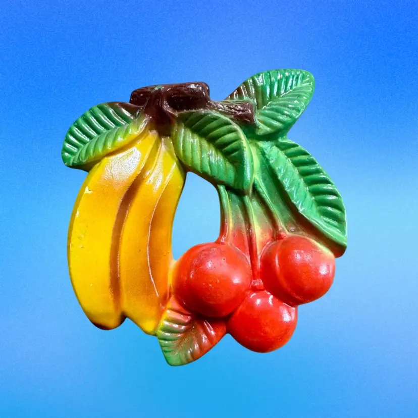 Vintage Retro Chalkware Plaque Wall Decor, Banana & Cherries