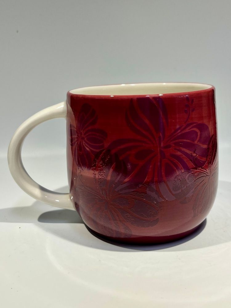 Starbucks- 2011 Retired -Hibiscus/ Chinese Rose- Hand Painted Burgundy Coffee Cup/ Mug- 3 1/3” Tall, 3 1/2” Wide