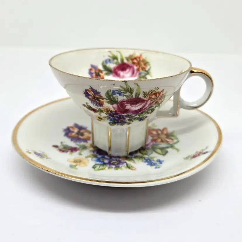 Vintage Corset Demitasse, Teacup and Saucer, Flowers, Gold Accents