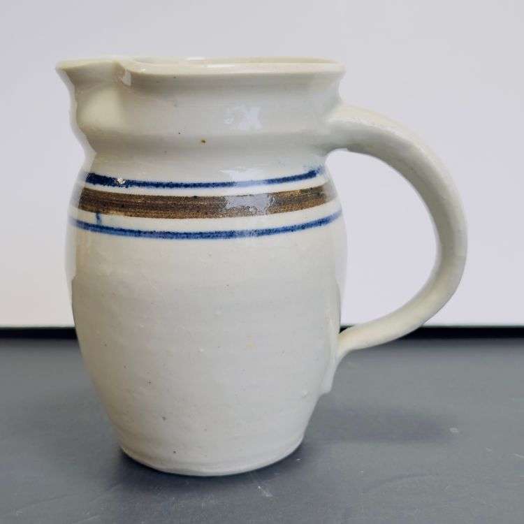 #1338 Jamestown Virginia, Hand Made, Thrown, Pottery Jug Pitcher, Triple Stripes