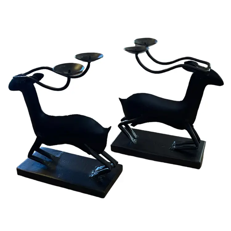 2 Black Rustic Metal Reindeer Candle Holders