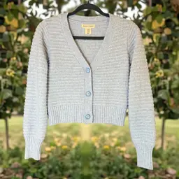 Happily Grey Cropped Cardigan Sweater Soft Heathered Blue Size XS Ribbed Knit