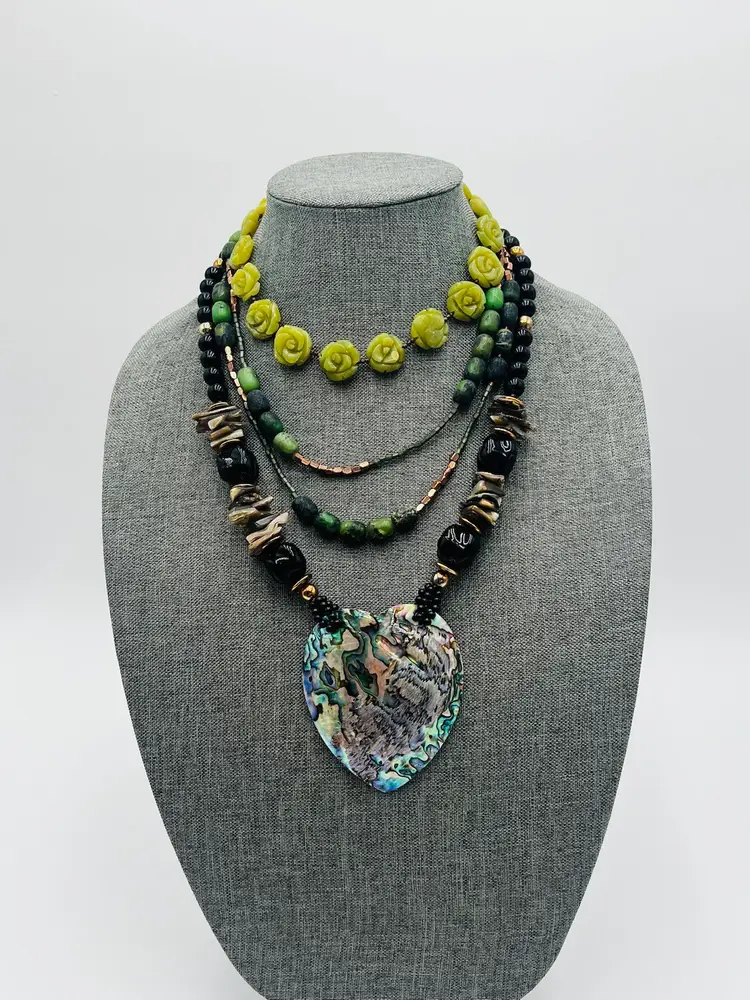 Vintage Jade Chrysoprase And Mother Of Pearl 3 Necklace Set