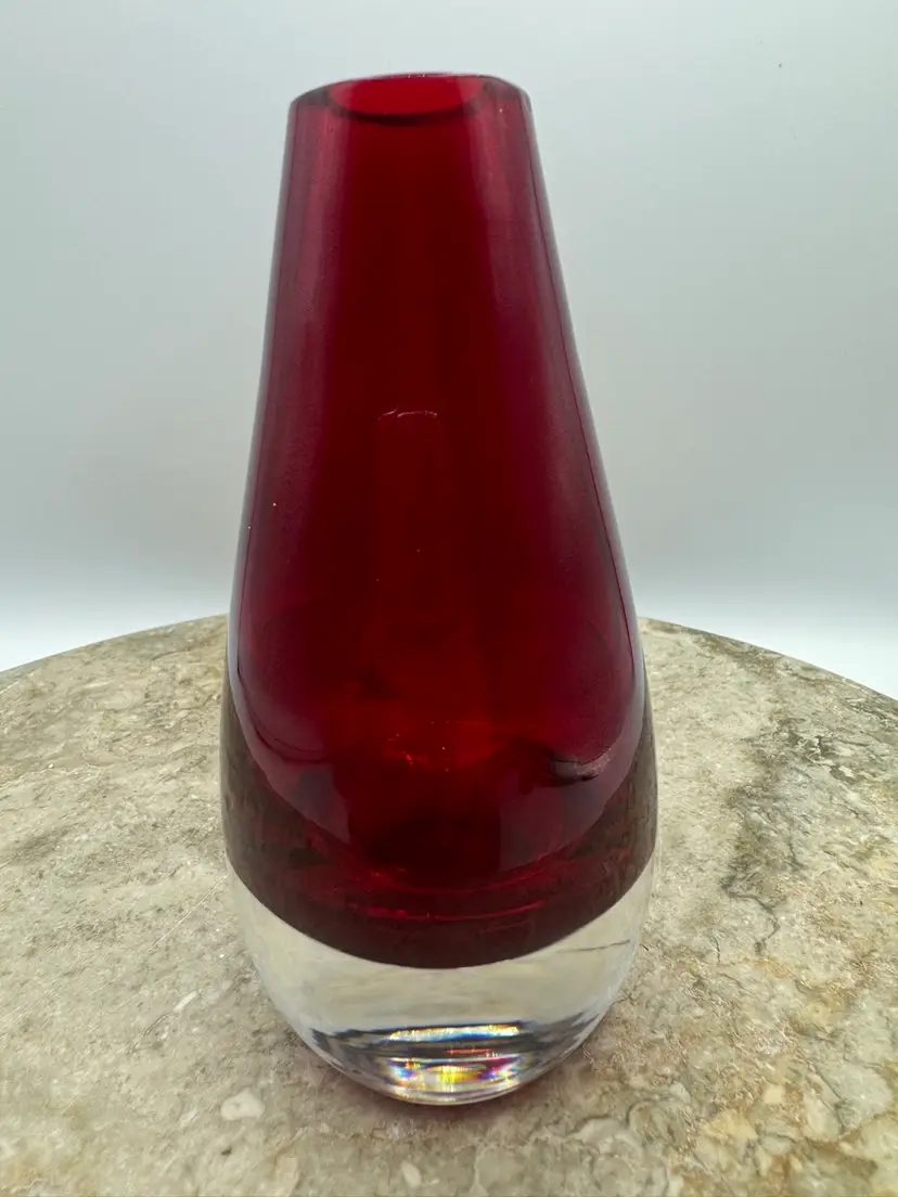 Vintage Ruby Red To Clear Bottom Hand Blown Glass Vase UV Glow